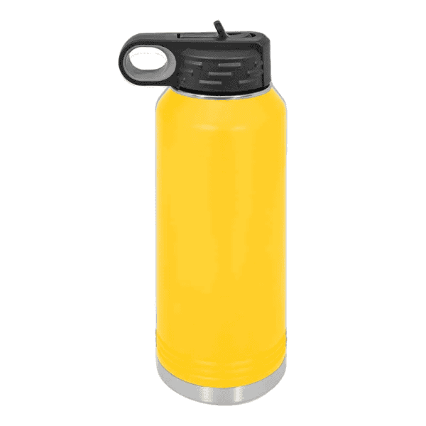 Durable yellow steel water bottle with black lid, perfect for laser engraving and personalized gifts.