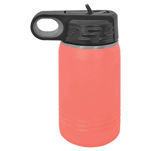 Black and pink insulated water bottle with handle.
