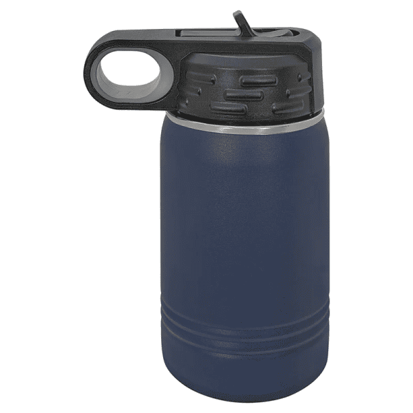 Durable navy blue insulated water bottle for active & outdoor use. Keeps drinks hot or cold, with easy drink spout.