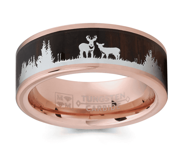 Rose gold tungsten hunting ring with engraved deer and stag silhouette, wood inlay, and forest desig.