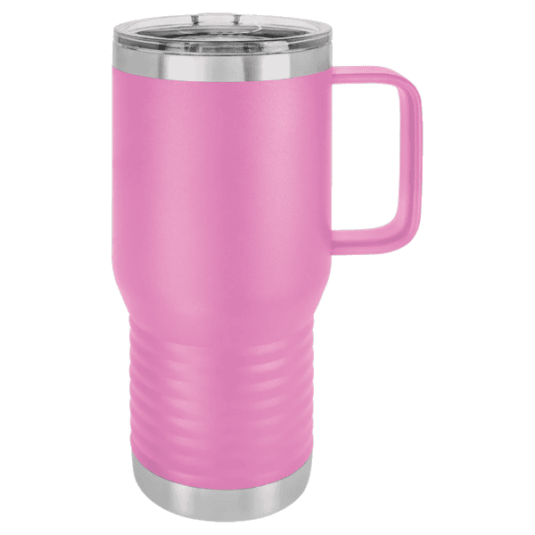 Stainless steel insulated travel tumbler with handle, powder coated pink finish.