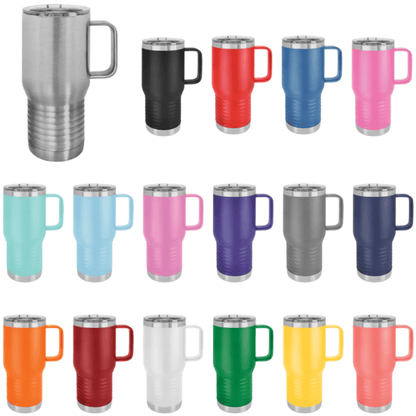 Coated insulated travel tumbler with handle.