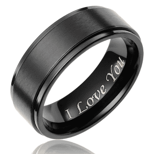 Custom engraved black wedding ring with "I Love You" inside. Elegant and durable men's accessory.