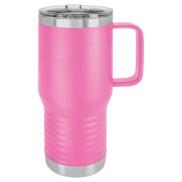 Pink 20 oz stainless steel insulated travel tumbler with handle and powder coating.