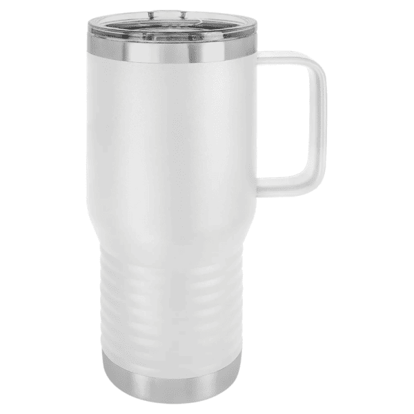 Stainless steel insulated travel tumbler with handle, powder coated finish.