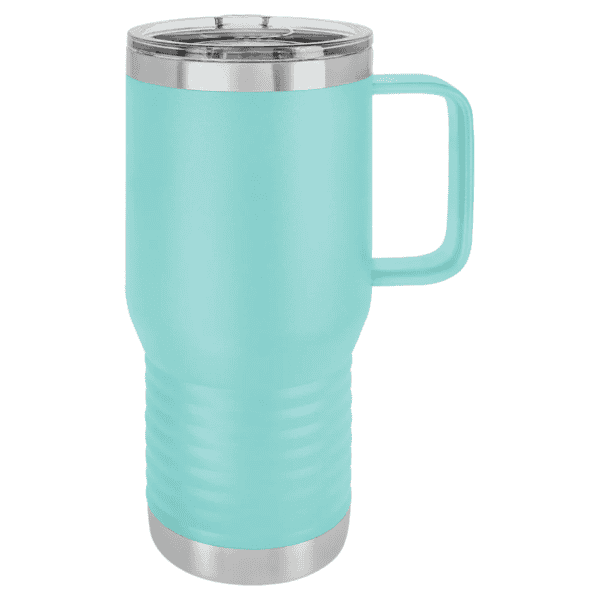 Stainless steel insulated travel tumbler with handle, powder coated finish, perfect for hot or cold.