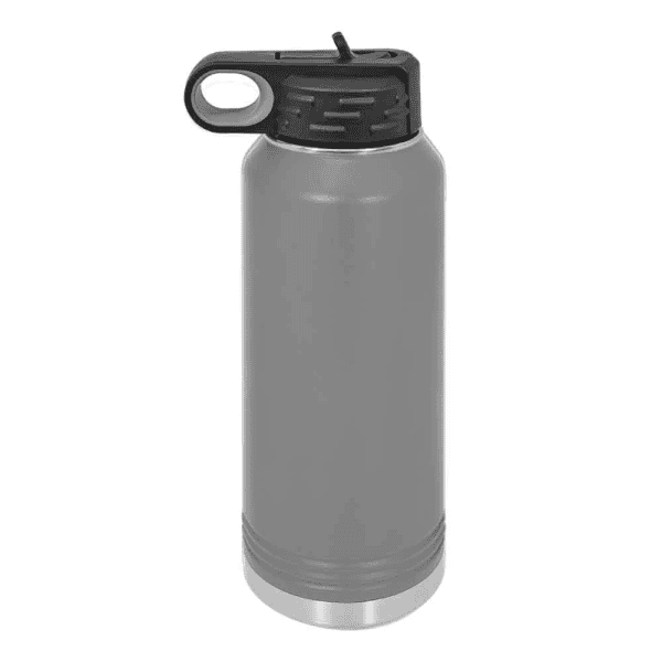 Stainless steel water bottle with a black lid, perfect for custom laser engraving and personalized designs.