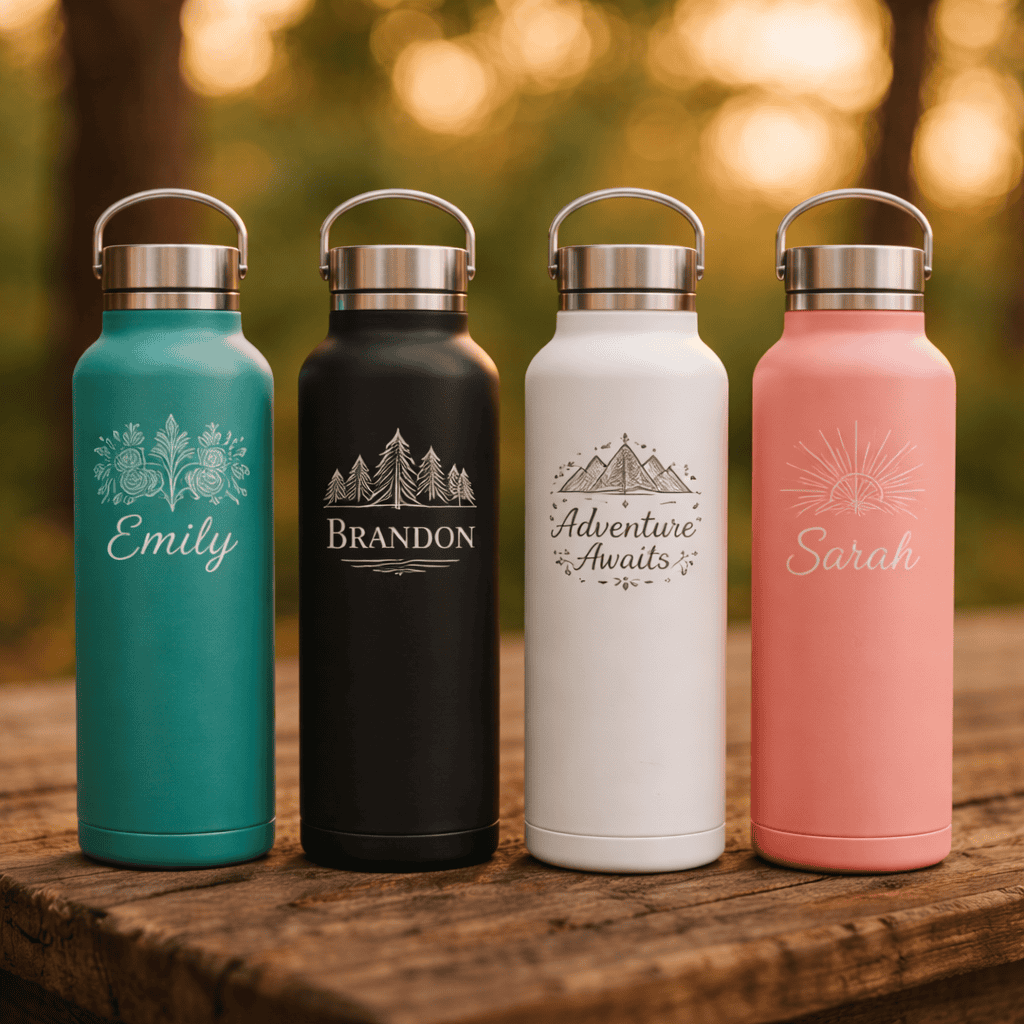Custom engraved insulated stainless steel water bottles with personalized names and designs