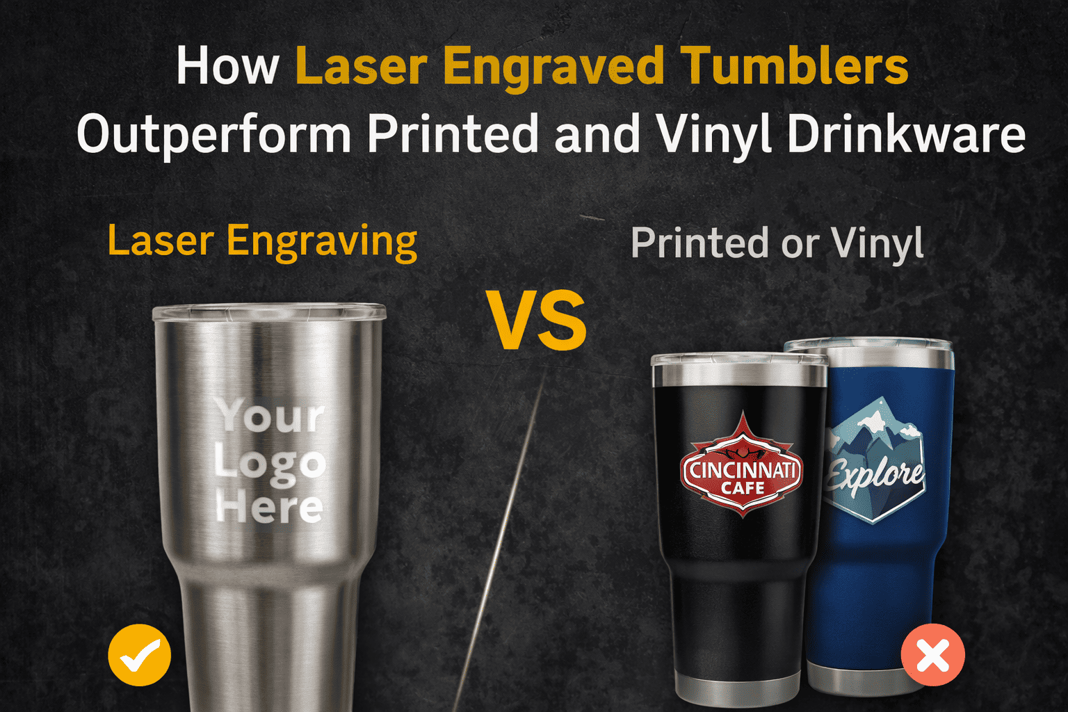 Stainless steel laser engraved tumbler with customizable logo.