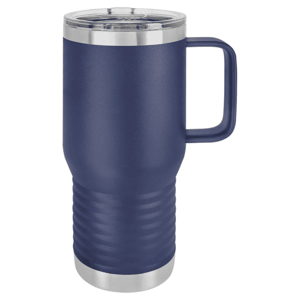 Stainless steel insulated travel tumbler with handle, powder coated finish, perfect for hot or cold.
