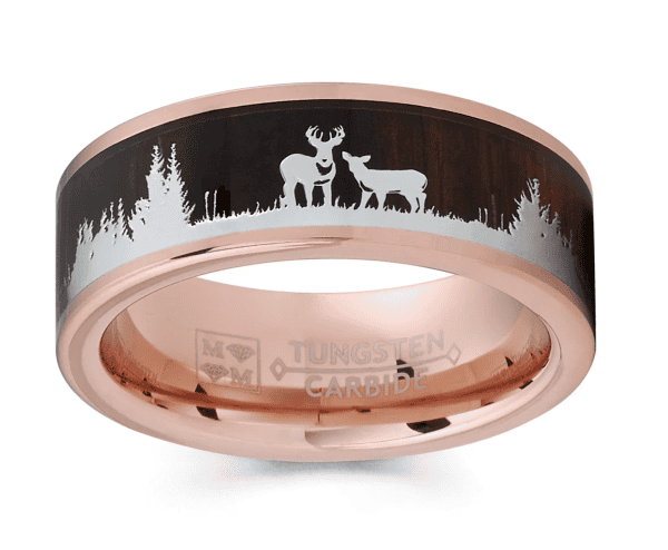 Rose gold tungsten wedding band featuring a deer stag silhouette and wood inlay design. Perfect for.
