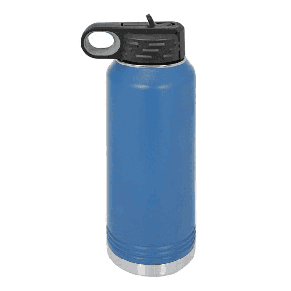 Reusable blue water bottle with black lid, ideal for sports and outdoor activities.