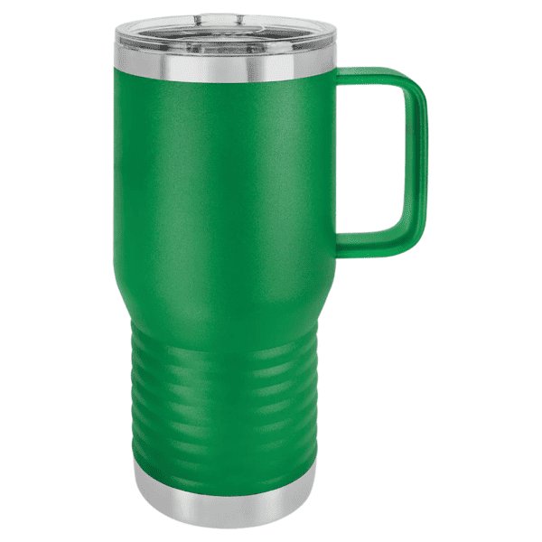 Stainless steel insulated travel tumbler with handle, powder coated finish, perfect for hot or cold.