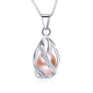 Sterling silver pendant featuring a pink pearl and sparkling crystals in a delicate swirl design.