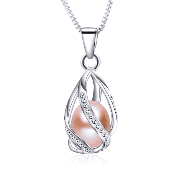 Sterling silver pendant featuring a pink pearl and sparkling crystals in a delicate swirl design.