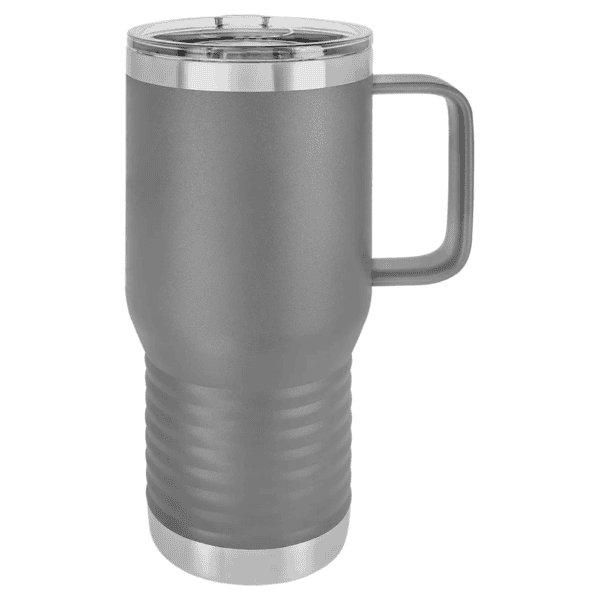 Stainless steel insulated travel tumbler with handle, powder coated finish.