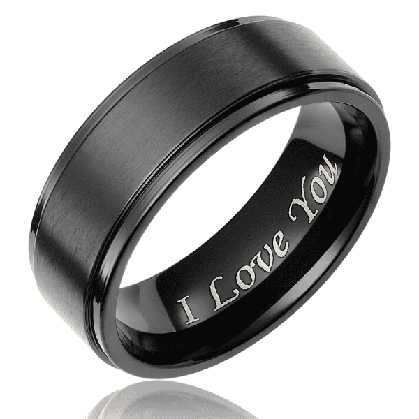 Custom engraved black tungsten wedding band with "I Love You" inscription inside.