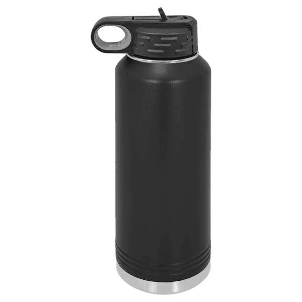 Reusable stainless steel water bottle with black finish, leak-proof lid, and portable design.
