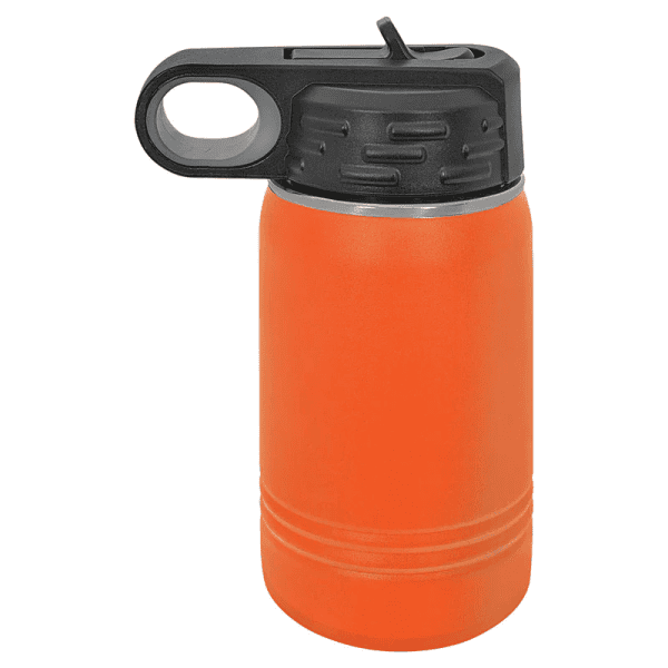 Durable orange insulated water bottle with black lid for sports and outdoor activities.
