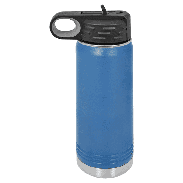 Reusable blue stainless steel water bottle with black plastic lid and carabiner for easy carrying.
