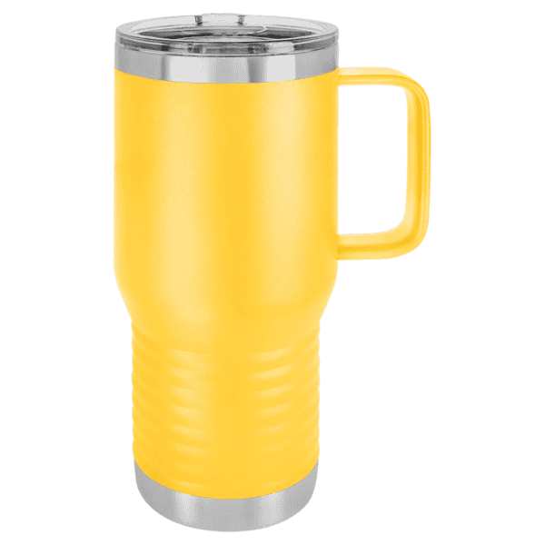 Durable stainless steel insulated travel tumbler with handle, powder coated yellow finish. Keeps dri.