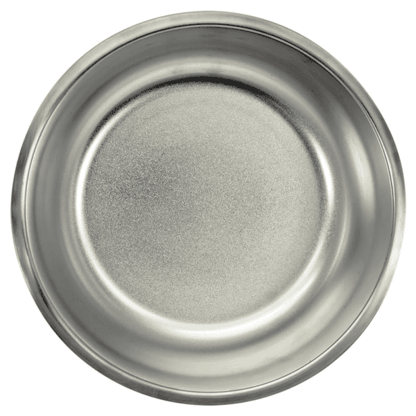Silver round metal tray, perfect for personalized laser engraved designs, promotional items.