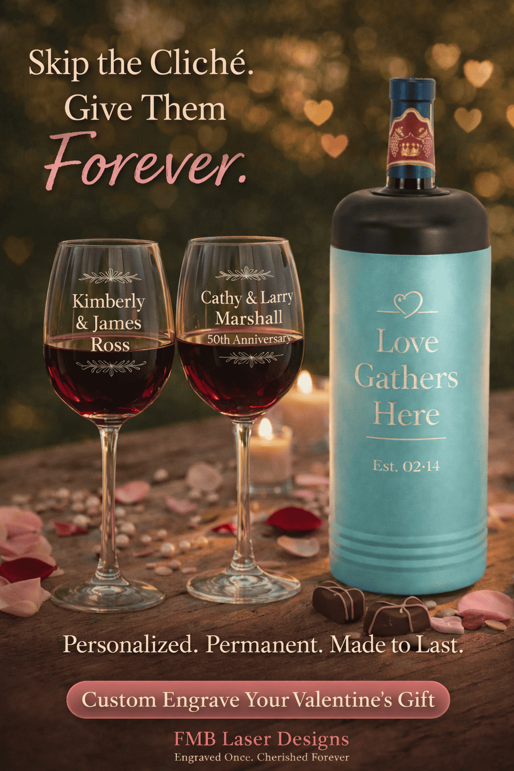 Custom engraved stainless steel wine tumblers displayed in assorted colors and designs on a rustic outdoor setting